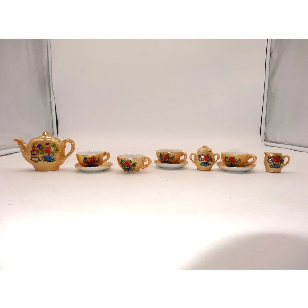 Vintage Lusterware Childs Floral Porcelain 10 Piece Orange/Peach &‎ Blue TeaSet